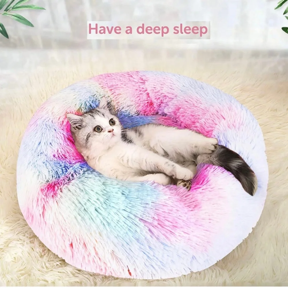 Rainbow Pet Bed Donut Soft Self Warming Washable Anti Slip Water Resist Bottom